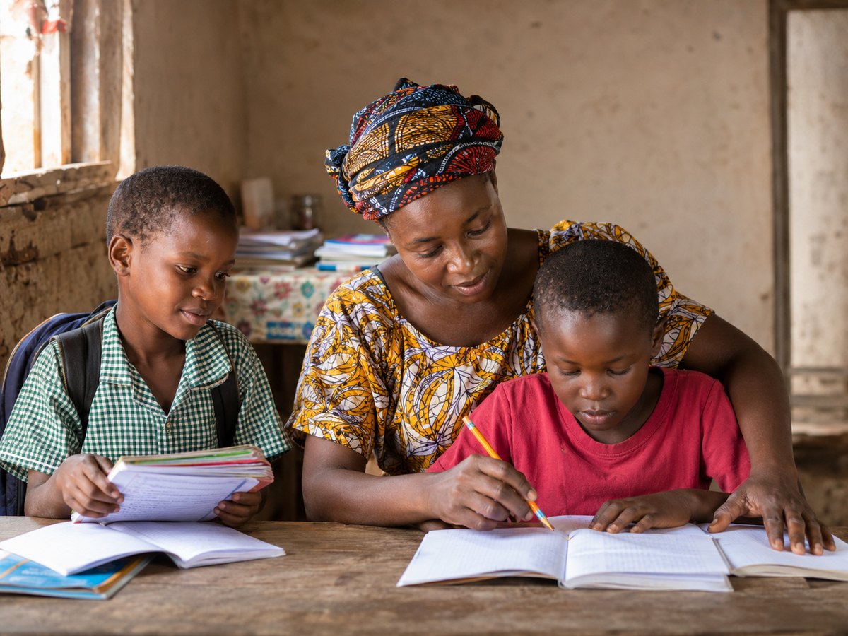 Mother supporting children with school work and education support